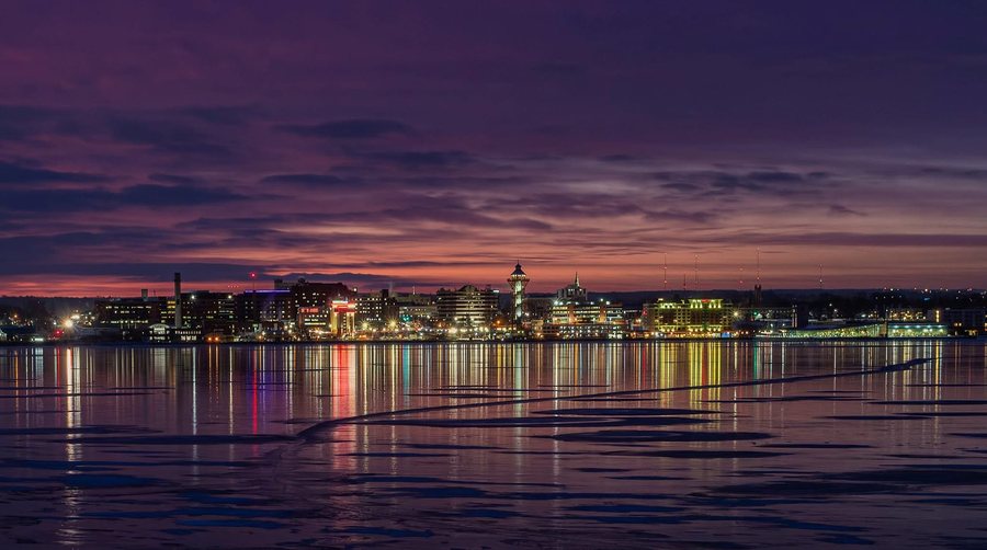 The Erie bayfront skyline and Bicentennial Tower at dusk